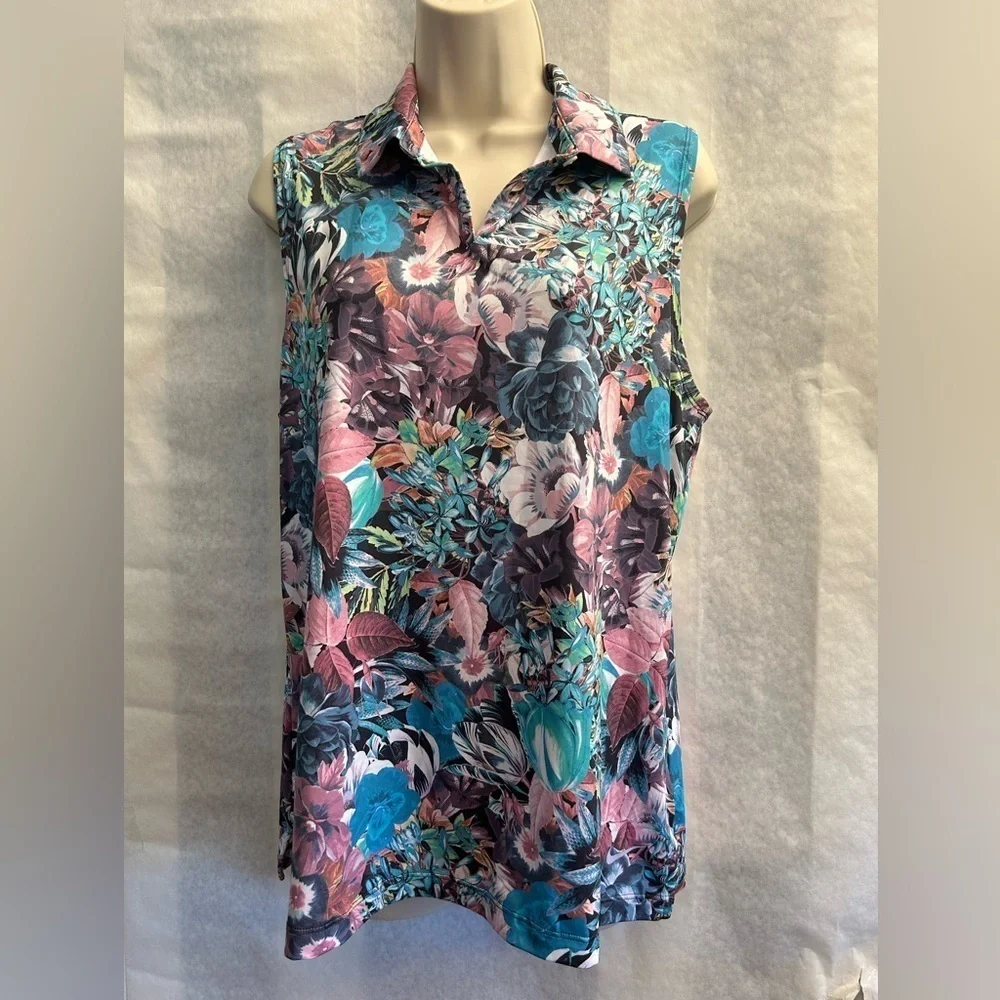 Nike Dri Fit Blue Pink floral Sleeveless‎ Polo golf Tank Top Sz-L. H18